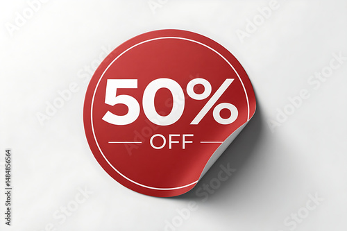 red circular sticker, big text 