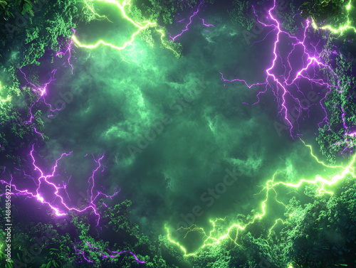 Green and purple lightning in a dark, cloudy forest scene.