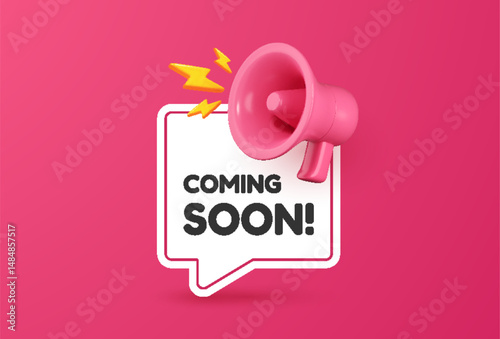 Coming Soon label with 3D megaphone and speech bubble. Promotional banner featuring 3D megaphone icon for upcoming product launch. Vector illustration.