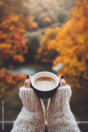 Close-up of hands holding a cup of coffee with autumn landscape in the background, cozy sweater sleeves visible Generative AI