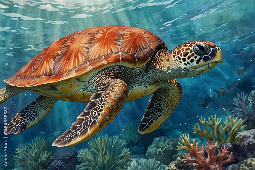 Fototapeta premium Close-up of a sea turtle swimming near coral in watercolor style