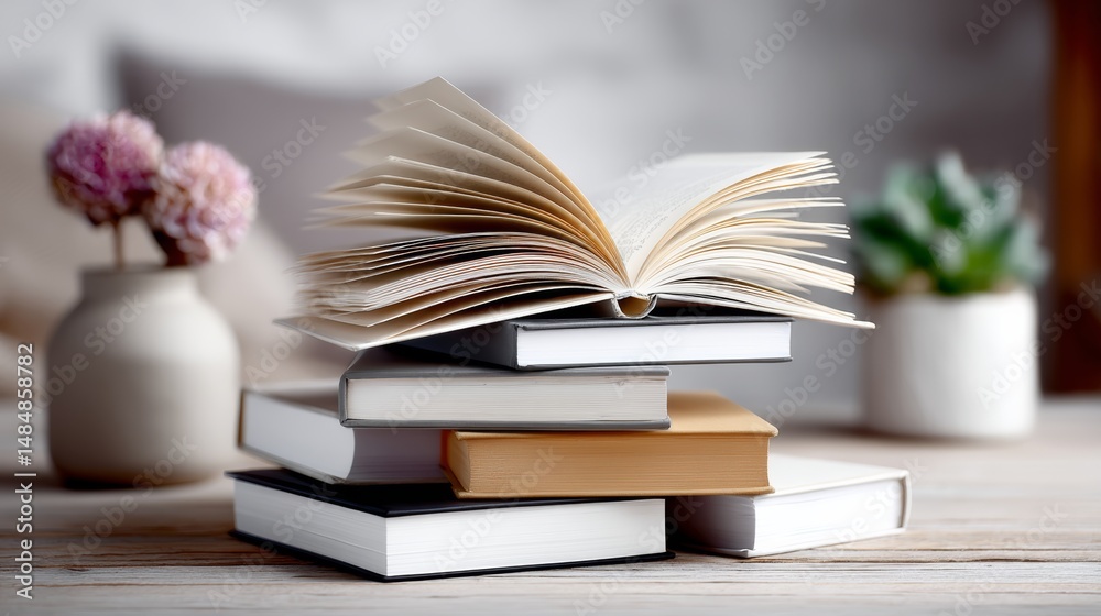 Naklejka premium Stack of books with a vase of flowers in the background. The books are arranged in a way that they are leaning on each other, creating a sense of stability and order
