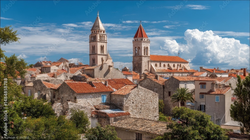 Fototapeta premium Historic European town with prominent church towers.