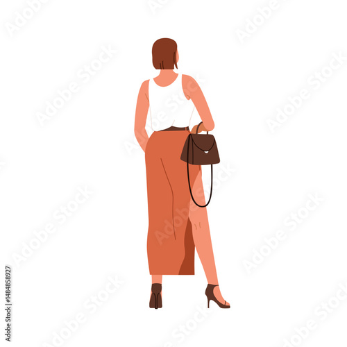 Woman standing with back turned. Young female character in skirt, heels, eleg...