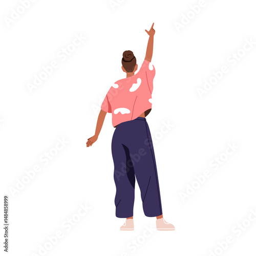 Woman standing with back turned, finger pointing up. Female with raised arm, view from behind. Girl gesturing with hand, rear reverse position. Flat vector illustration isolated on white background