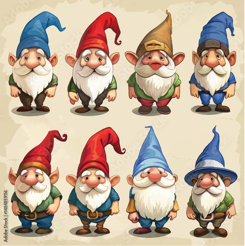 illustration, cartoon, vector, cute, gnome, funny, design, character, happy, decoration, drawing, holiday, elf, background, greeting, celebration, hat, isolated, little, doodle, card, beard, gnomes, 