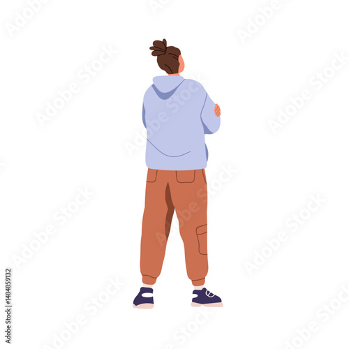 Person standing with back turned, arms crossed. Young man in hoodie waiting in relaxed pose, looking forward, rear reverse view from behind. Flat vector illustration isolated on white background