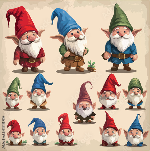 illustration, cartoon, vector, cute, gnome, funny, design, character, happy, decoration, drawing, holiday, elf, background, greeting, celebration, hat, isolated, little, doodle, card, beard, gnomes, 