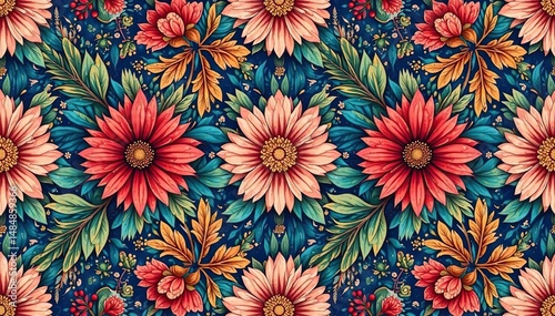 Intricate floral motif forming a continuous seamless textile print , damask, pattern