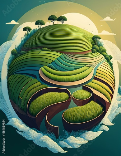 A vibrant representation of sustainable farming with hills and trees under the sun.