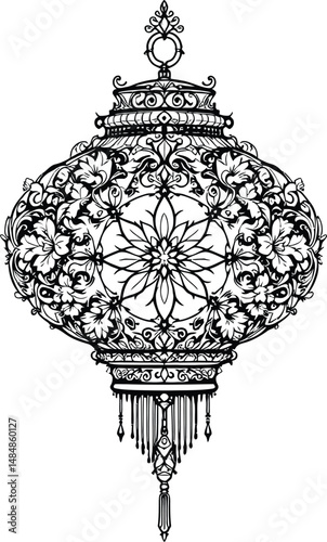 Black and white vector illustration of an ornate lantern with symmetrical floral motifs, decorative bands, and hanging tassels, designed with intricate craftsmanship to symbolize traditional lighting