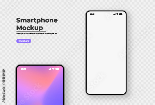 Realistic smartphone mockup in front view. 3D mobile device with shadow on white background. High-quality vector for UI UX design showcase.
