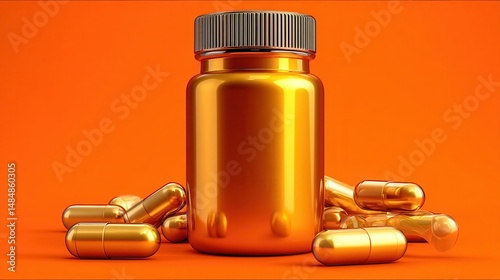 Fish oil softgels supplement health Container of capsules against a vibrant orange background.