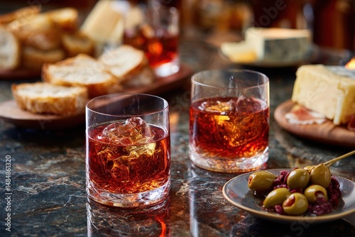Refreshing cocktails with appetizers on rustic table.