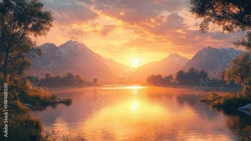 Golden hour lake mountain scene