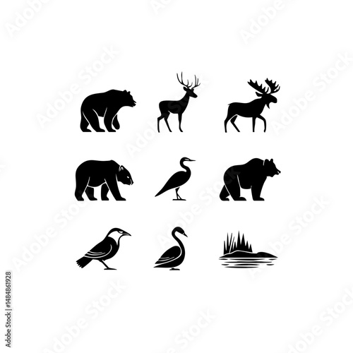 North American Animals Vector Icon Set - Minimalist Wildlife Silhouettes for Design Projects photo