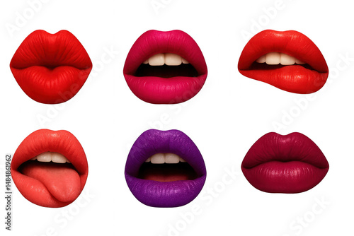 Collection of sensual lips in bold shades: red, pink, purple, and orange. Includes open mouths and playful tongue expression. Isolated on transparent background. Perfect for beauty and fashion themes