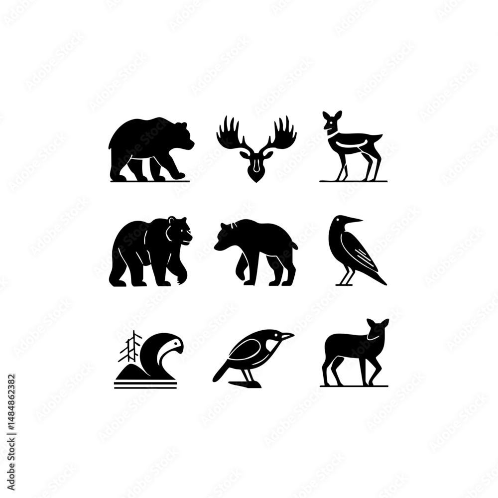 Fototapeta premium North American Animals Vector Icon Set - Minimalist Wildlife Silhouettes for Design Projects