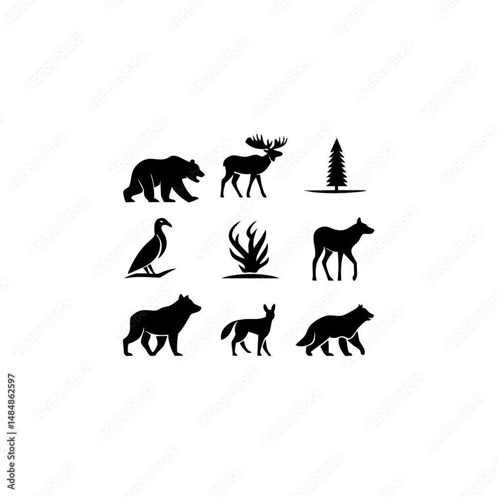 Obraz premium North American Animals Vector Icon Set - Minimalist Wildlife Silhouettes for Design Projects