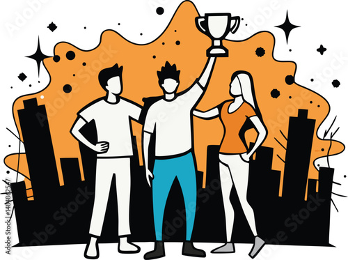 Teamwork Success Celebration Trophy Award Winning Cityscape