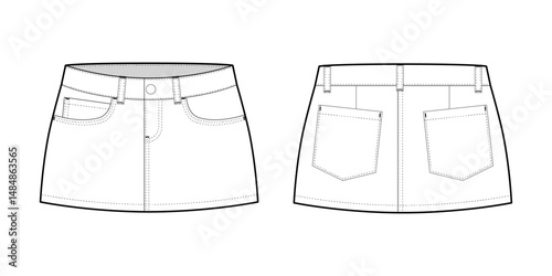 Low Rise Mini Skirt- Front and Back View- Flat Vector Illustration- Vector/Cad Mock-up 