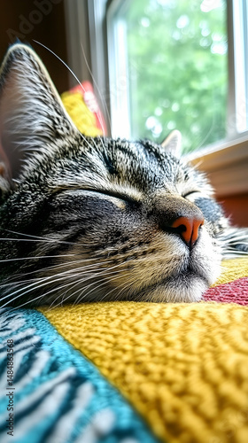 A tabby cat peacefully sleeps on a colorful quilt near a sunlit window