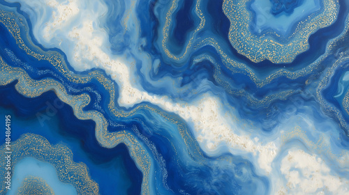Abstract blue agate background with white and brown swirls.
