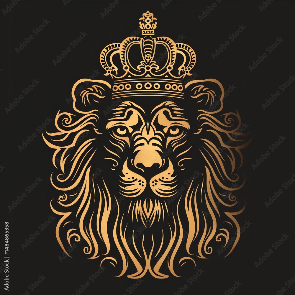 Obraz premium A regal lion's head, adorned with a golden crown, is depicted in profile, showcasing intricate details and symbolizing power, courage, and royalty.