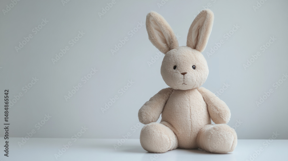 Obraz premium Plush bunny toy on a plain white surface with a soft background.