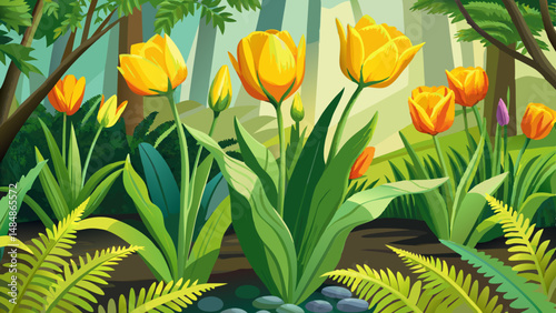 Flower bed in the garden. Yellow tulips (Latin: Tulipa) on the background of green fern (Latin: Matteuccia struthiopteris) leaves, close-up. Free space, space for text very beautiful