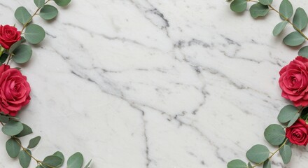 Red rose eucalyptus frame on marble