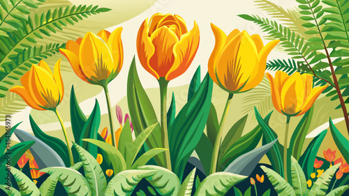 Flower bed in the garden. Yellow tulips (Latin: Tulipa) on the background of green fern (Latin: Matteuccia struthiopteris) leaves, close-up. Free space, space for text very beautiful