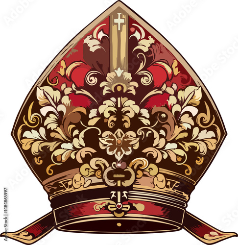 Luxurious Ornate Gold and Red Bishop Mitre Vector – Baroque Catholic Clergy Headdress with Intricate Cross and Floral Embellishments