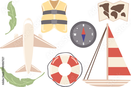 Vector set of tourism icons. Hand drawn life jacket and lifebuoy, compass, boat, airbus isolated.
