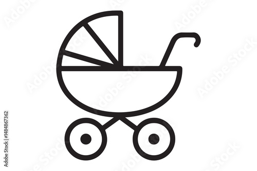 Simple black line art of a baby stroller.