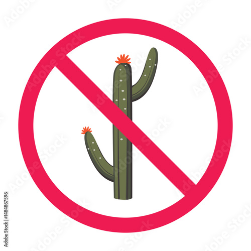 Forbidden sign with cactus tree icon, no cactus plant allowed sign, cactus prohibition sign, no cacti symbol
