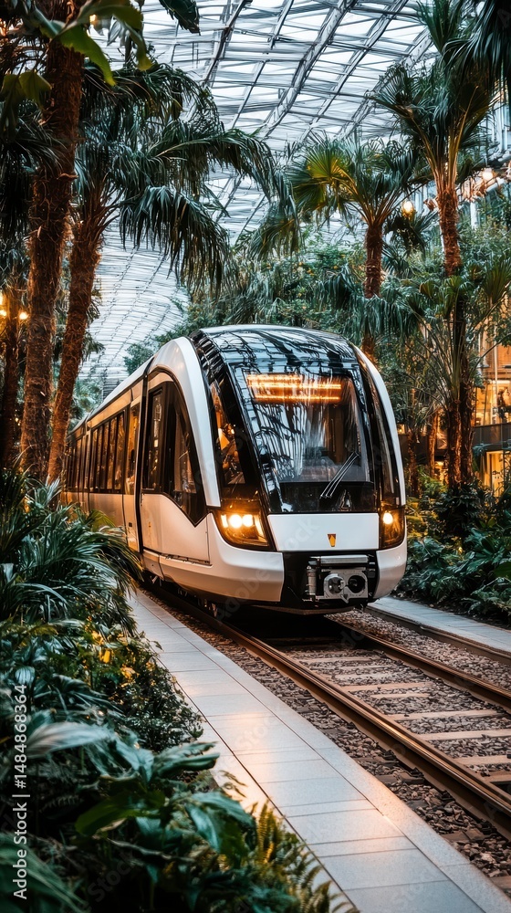 Naklejka premium Modern Train Traveling Through a Lush Indoor Tropical Garden