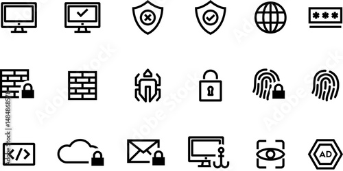Cybersecurity Icons Pack Firewall, Fingerprint, Encryption, Cloud Security, Malware, Lock, and Phishing Symbols