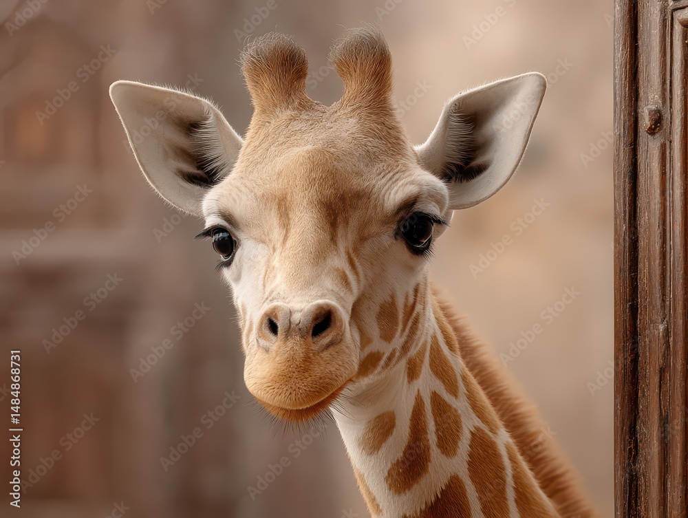 Obraz premium Close-up portrait of a giraffe, showcasing its beautiful markings and gentle eyes, emphasizing natural beauty and wildlife.