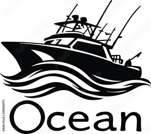 Black and white vector illustration of a fishing boat with multiple fishing rods, riding stylized ocean waves, accompanied by the bold, artistic text "Ocean" below, symbolizing maritime adventure