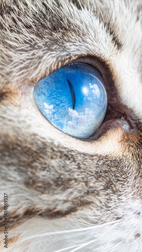 close up of blue cat's eye, clearly showing the  details of the iris and pupil and show the sky