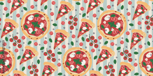 Italian food seamless pattern with pizza, olive, basil, tomato. Trendy hand drawn graphic. Background of mediterranean eat. Vector illustration.