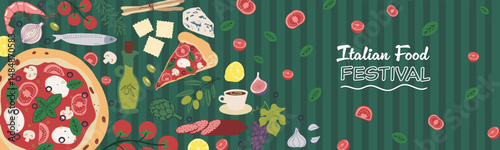 Italian food background or poster. Pattern with mediterranean healthy eat. Graphic for restaurant, menu, kitchen. Doodle vector illustration. Trendy hand drawn pizza, olive, tomato, lemon etc.