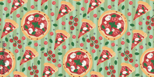 Italian food seamless pattern with pizza, olive, basil, tomato. Trendy hand drawn graphic. Background of mediterranean eat. Vector illustration.
