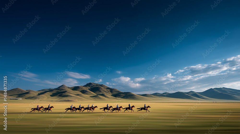 Obraz premium Naadam Festival Horse Race in Mongolian Steppe – Eriin Gurvan Naadam Tradition