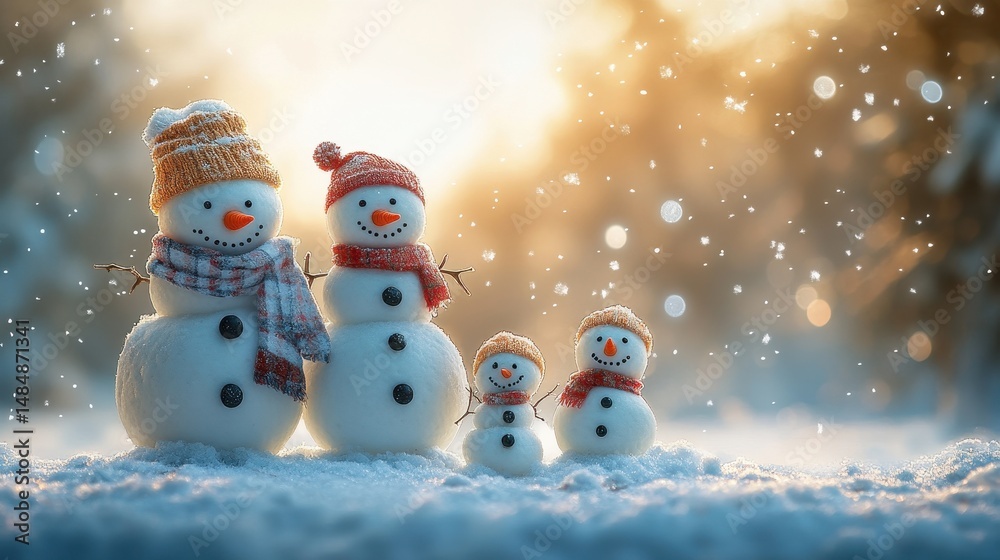 Fototapeta premium Family of four snowmen in winter landscape with falling snowflakes