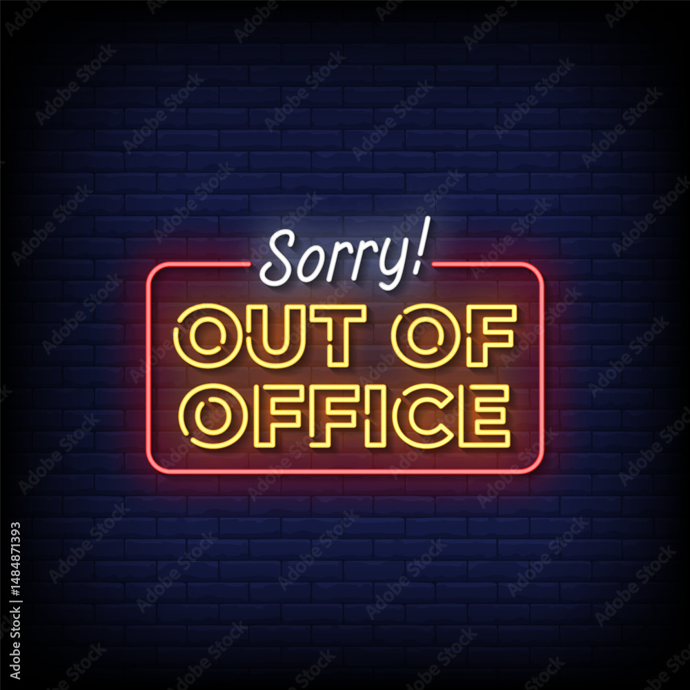 Obraz premium out of office neon sign with brick wall background vector