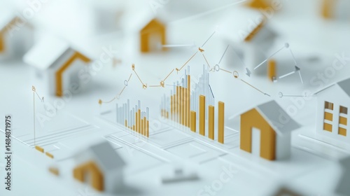 Analyzing rising trends in housing market data with model houses and financial graphs in soft