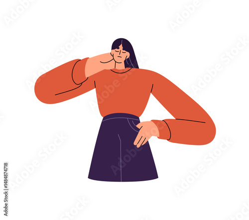 Tired pensive woman suffers from pain, touches neck. Puzzled girl with fatigue. Sad thinking person with closed eyes is exhausted from thoughts. Flat isolated vector illustration on white background