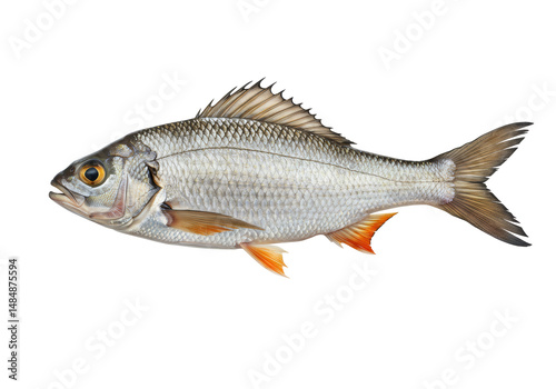 オレンジ色のヒレと茶色の目を持つ銀色の魚 透明な背景に分離されたアクアティックな生物